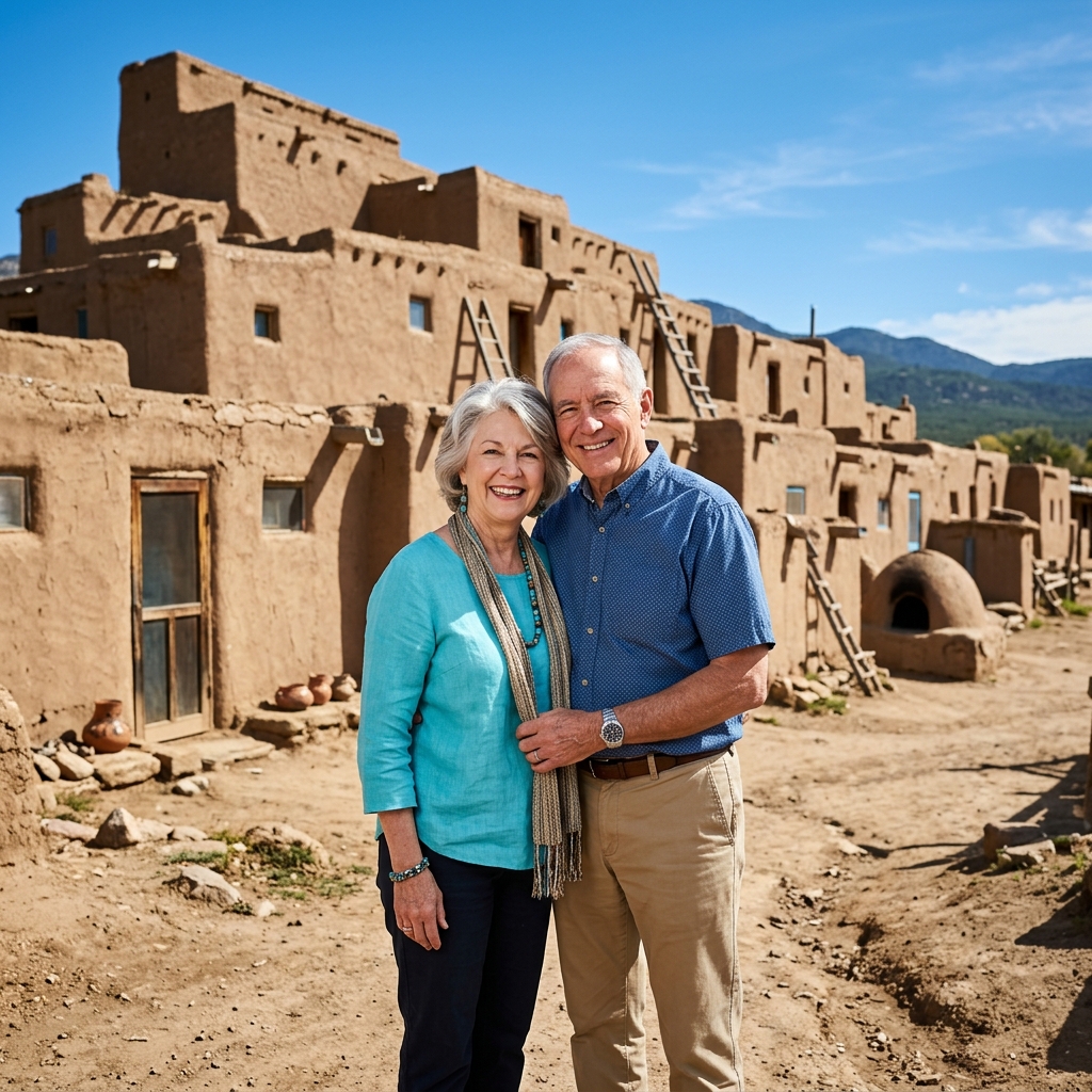 Visitors near Taos Pueblo on a guided tour